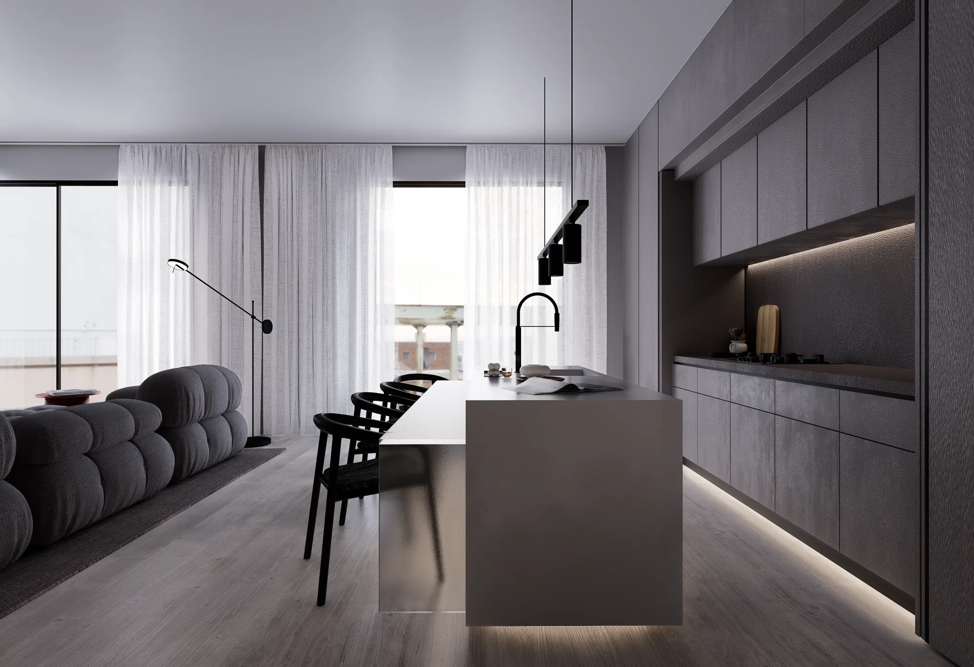 Cuisine avec îlot central — vue vers le salon